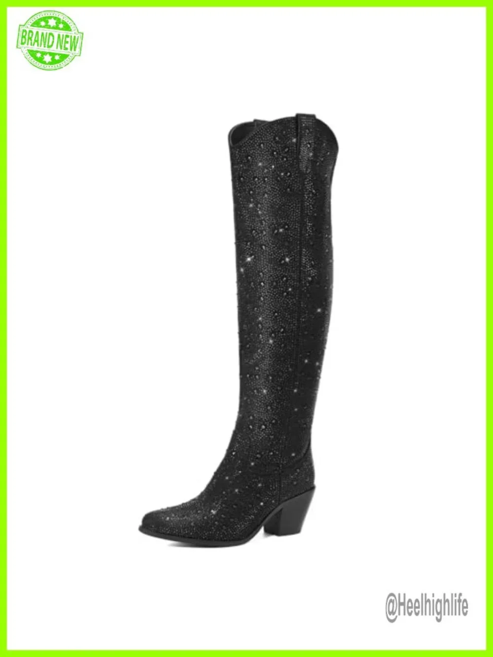 Rhinestone Cowgirl Over the Knee Boots Pointed Toe Chunky Heel Thigh High